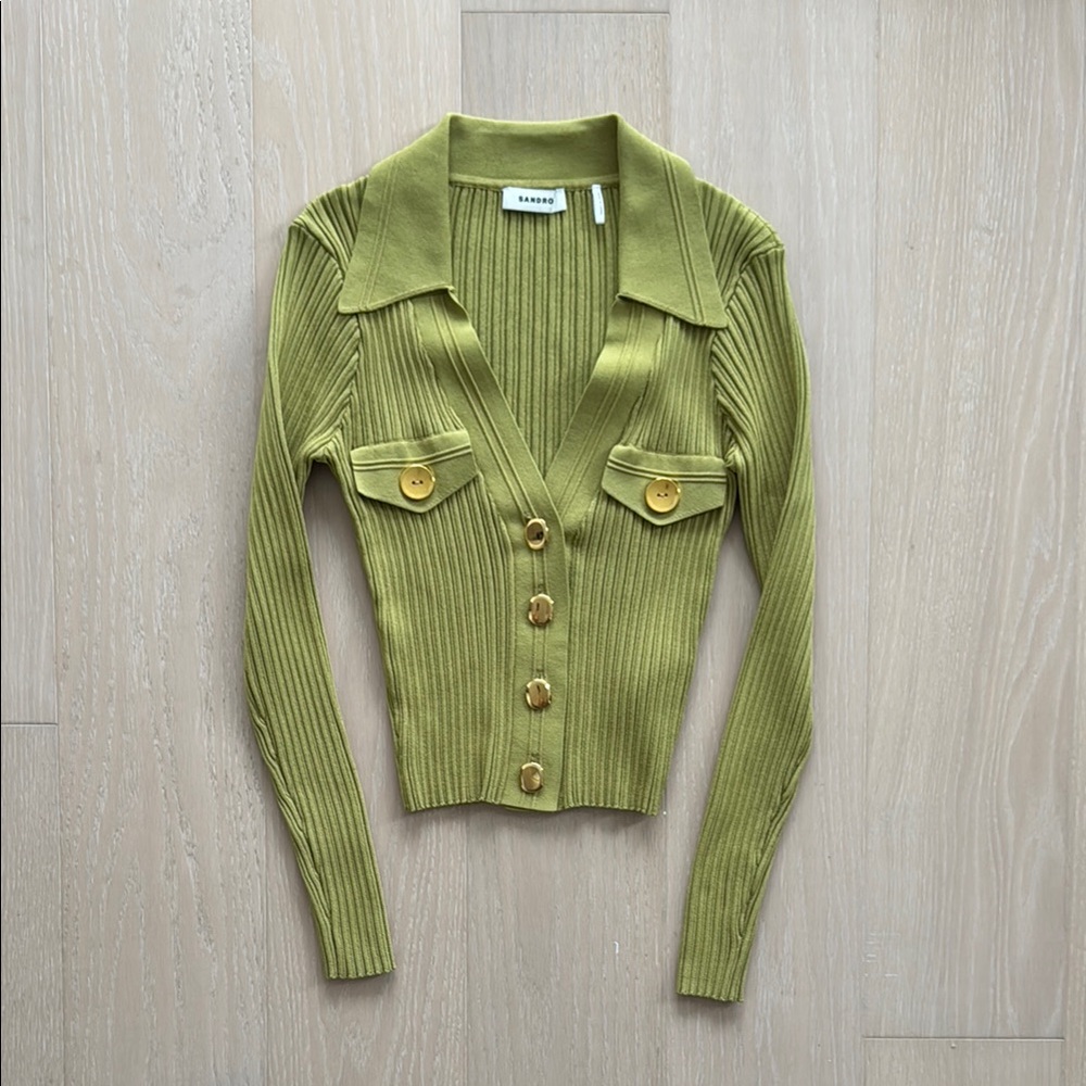 Sandro Khaki Ribbed Button-Up Cardigan (size 0)